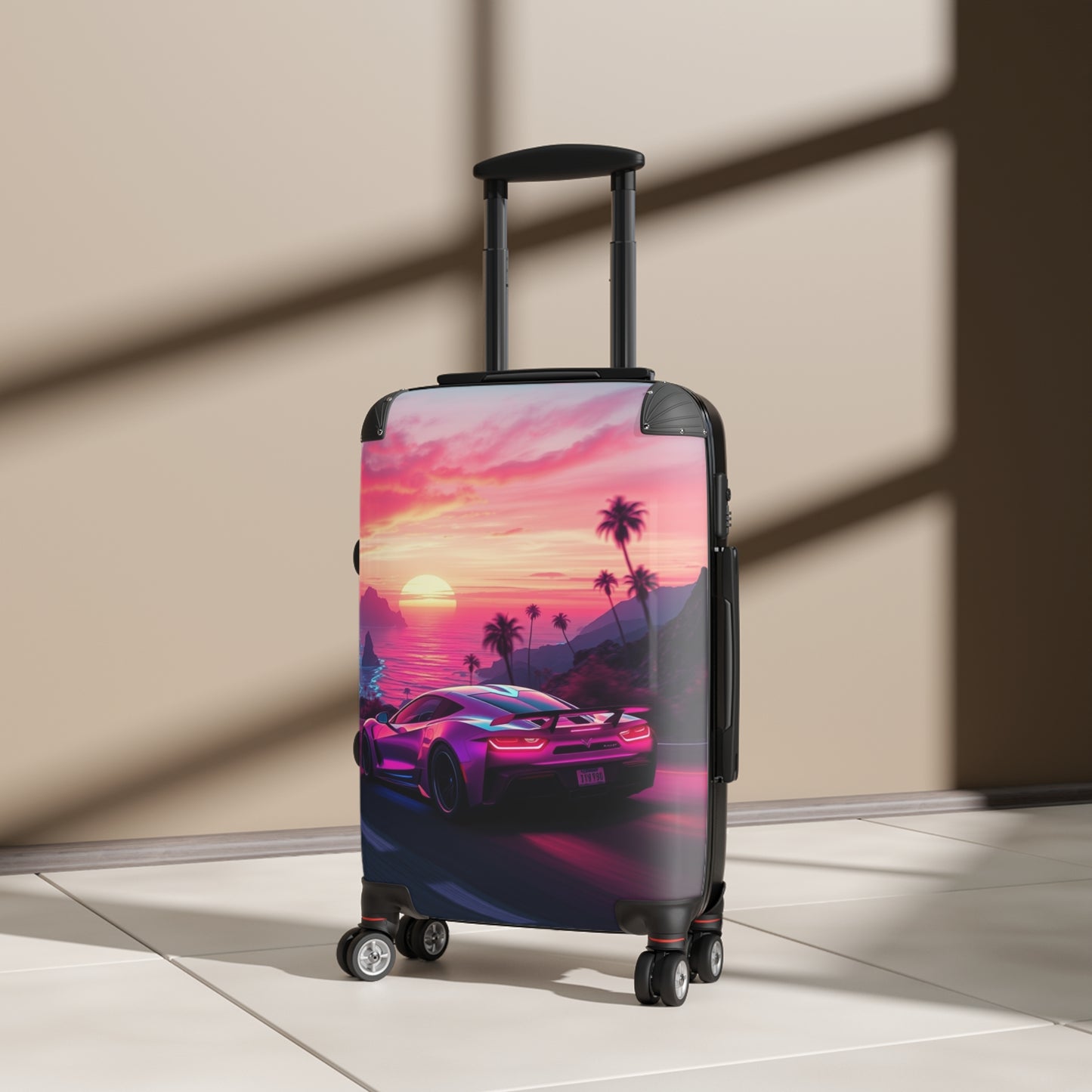 Tropical Sunset Suitcase - Travel Luggage with Vibrant Car Design for Adventure Seekers