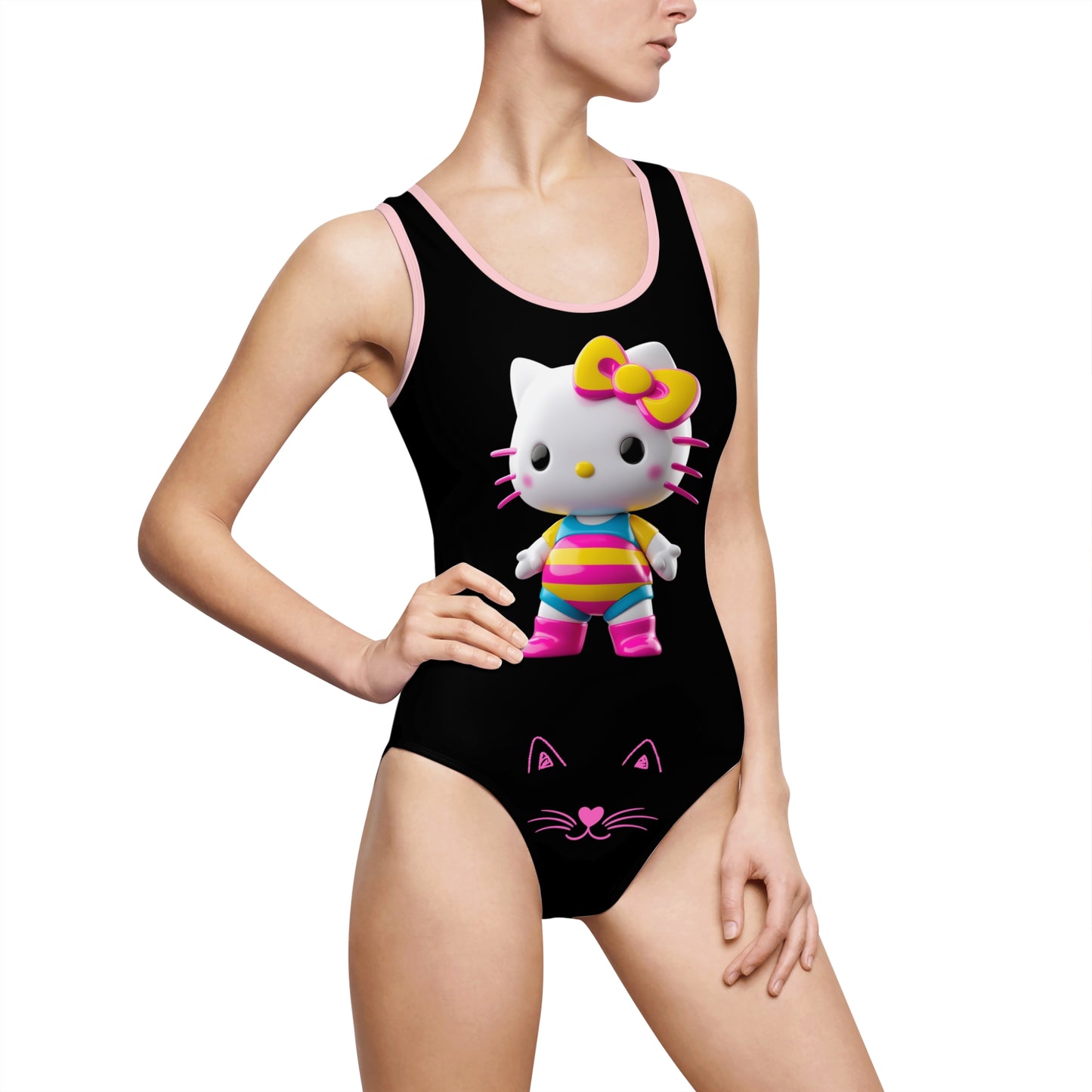 Pink Print Cute Kitty One-Piece Swimsuit for Women – Fun Beachwear