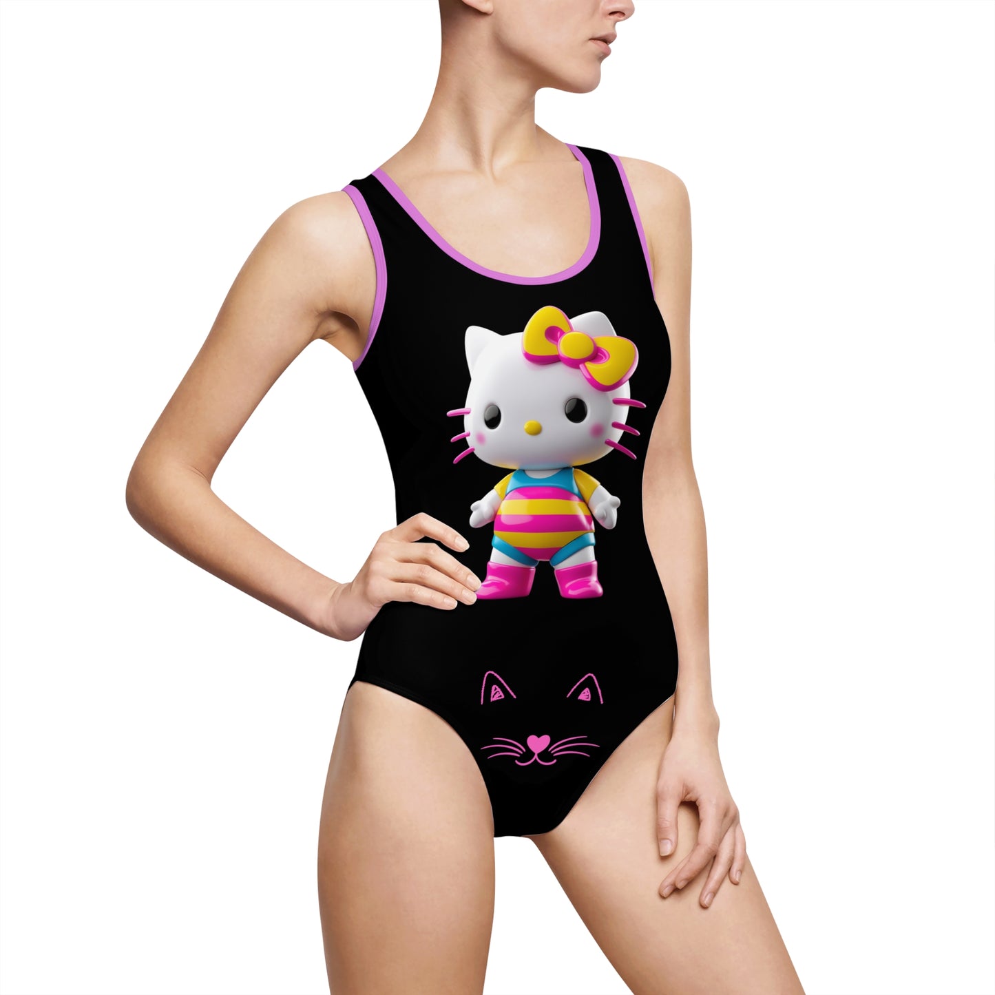 Pink Print Cute Kitty One-Piece Swimsuit for Women – Fun Beachwear