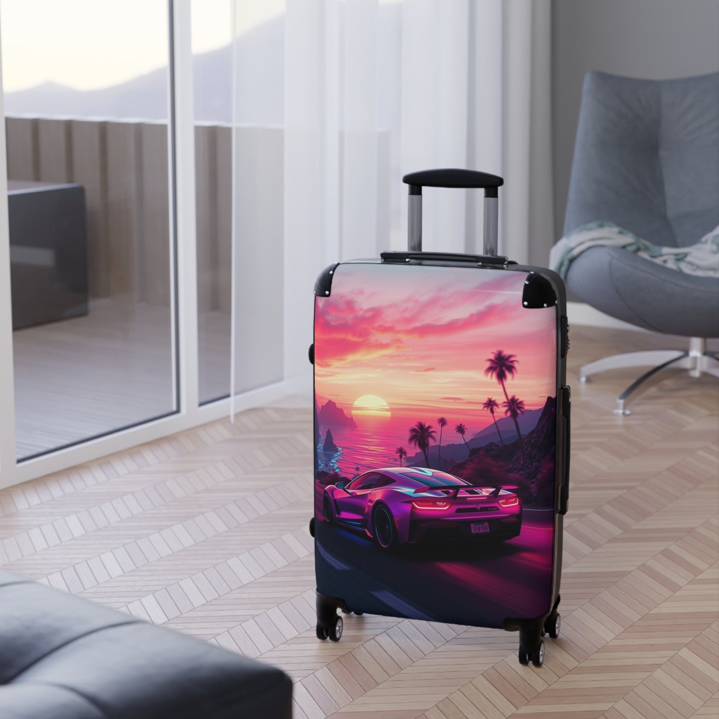 Tropical Sunset Suitcase - Travel Luggage with Vibrant Car Design for Adventure Seekers