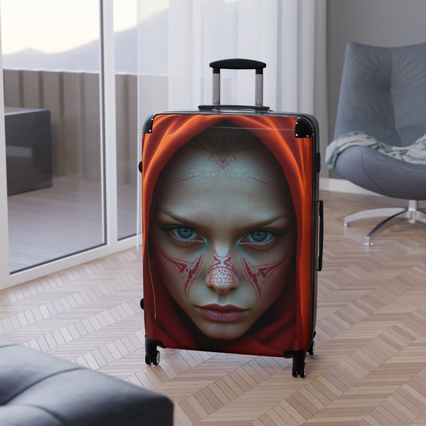 Mystical Face Design Suitcase - Unique Travel Luggage for Adventurers