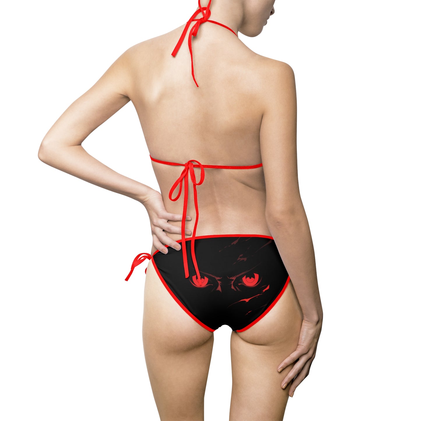 Sleek Black Bikini Swimsuit with Striking Red Eye Design | Trendy Women's Swimwear