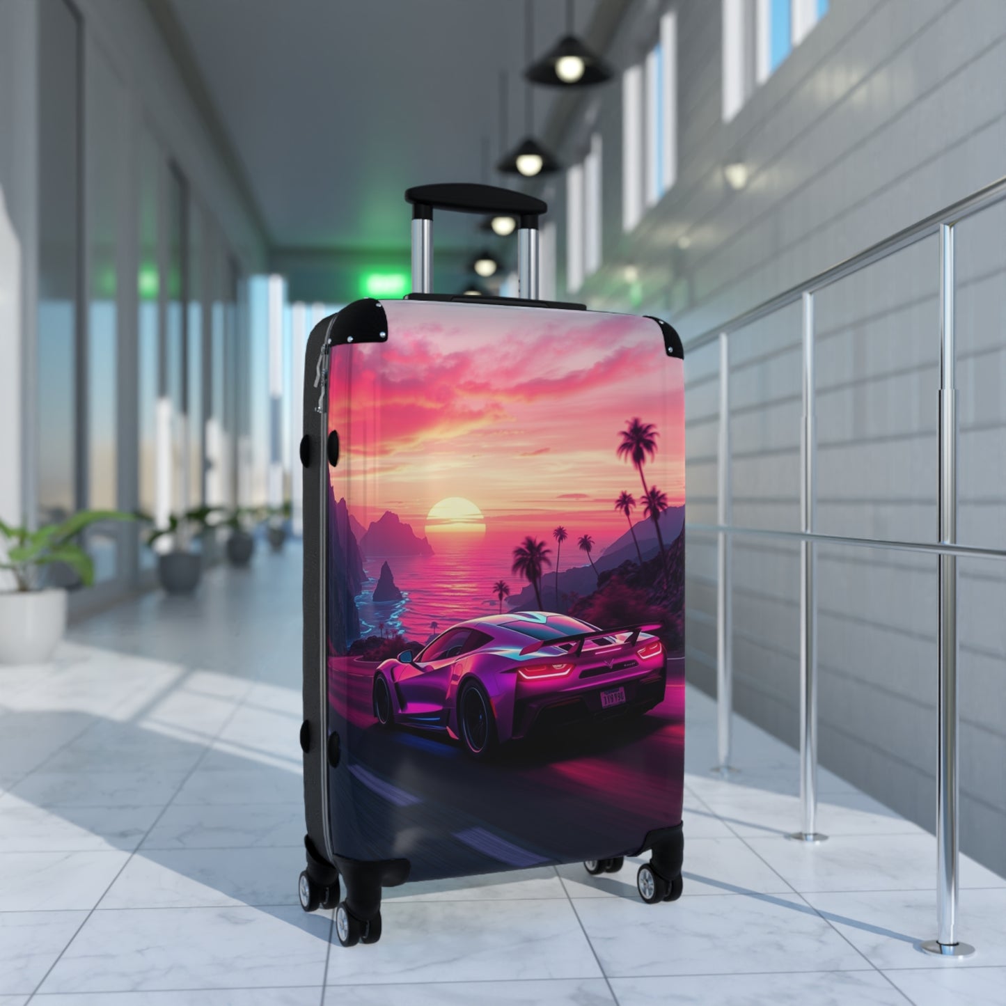 Tropical Sunset Suitcase - Travel Luggage with Vibrant Car Design for Adventure Seekers