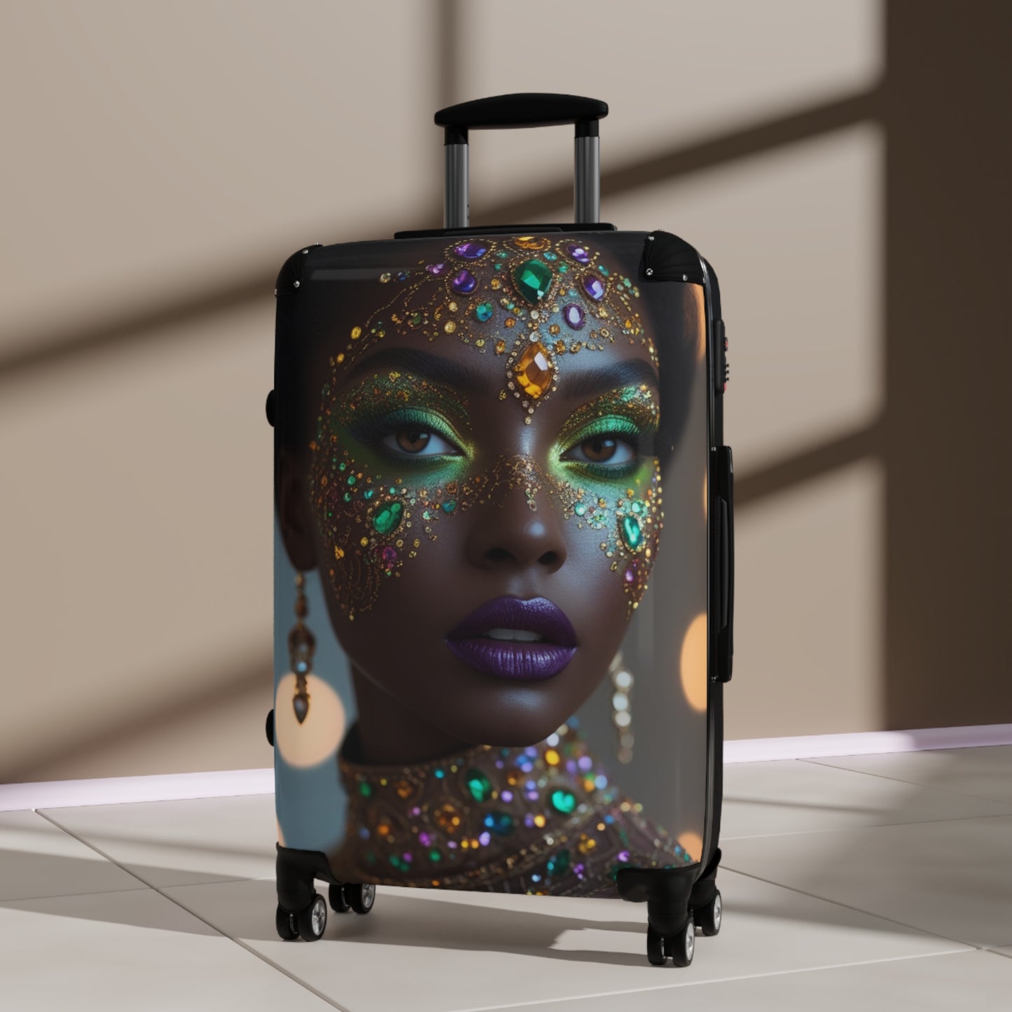 Colorful Glamour Print Suitcase with Elegant Gemstone Design