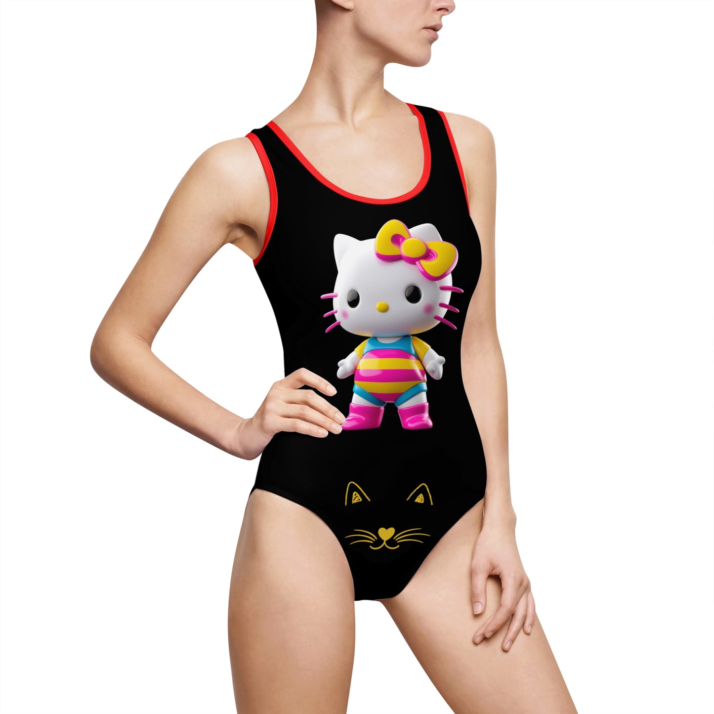 Yellow Print Cute Kitty One-Piece Swimsuit for Women – Fun Beachwear