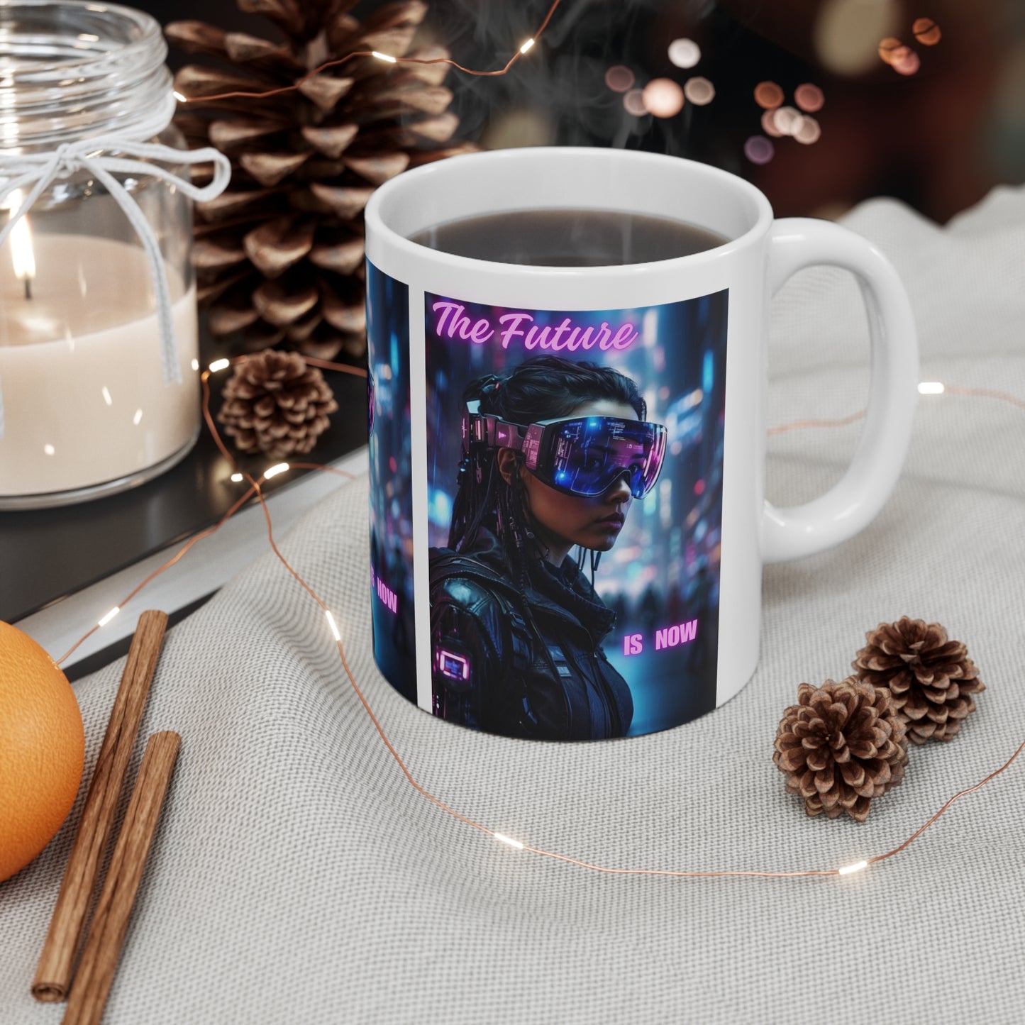 The Future Is Now | Anime Gift | Fantasy Girl |Cyberpunk | Sci Fi | Futuristic | HD Graphics | Coffee | Tea | Hot Chocolate | 11oz | White Mug