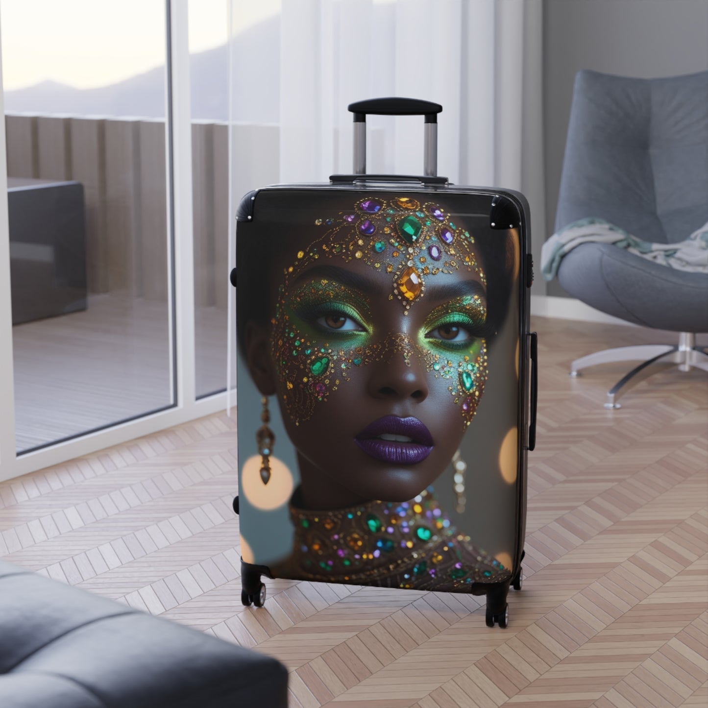 Colorful Glamour Print Suitcase with Elegant Gemstone Design