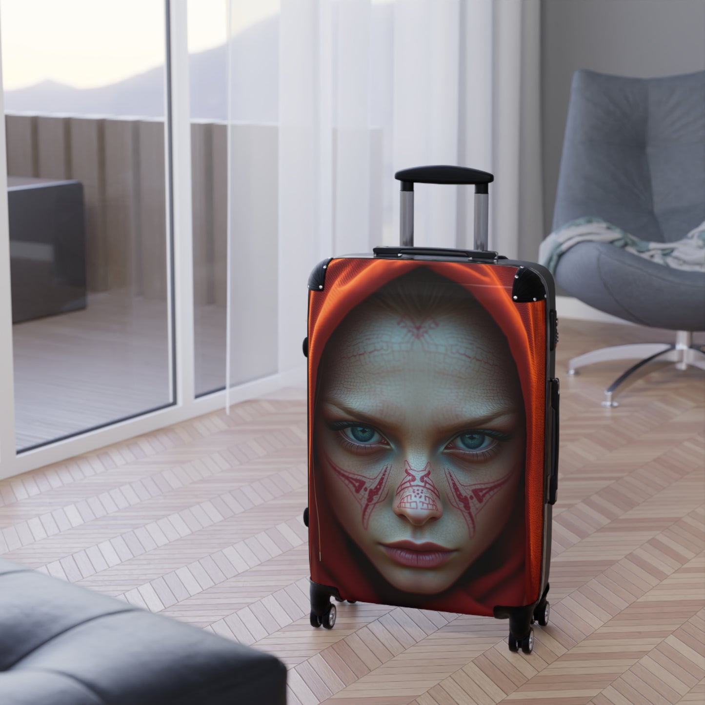 Mystical Face Design Suitcase - Unique Travel Luggage for Adventurers