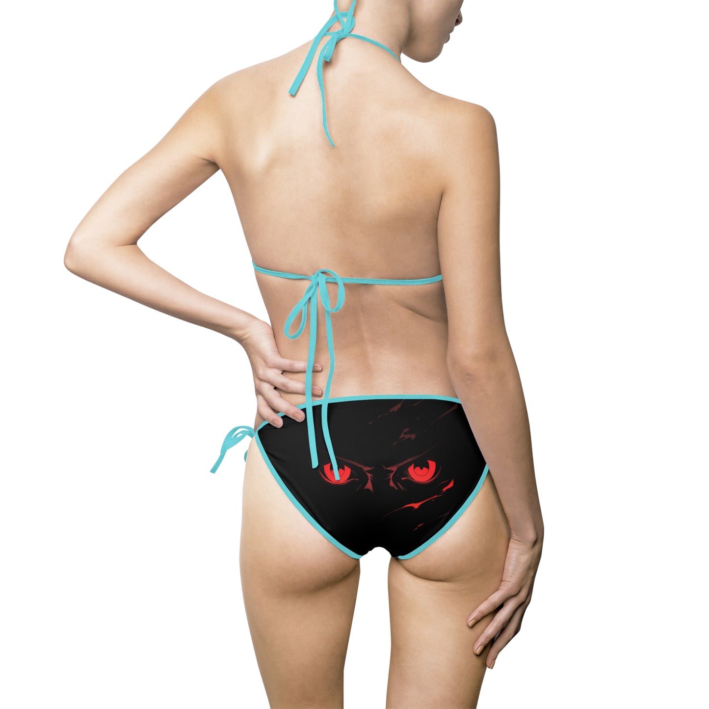 Sleek Black Bikini Swimsuit with Striking Red Eye Design | Trendy Women's Swimwear