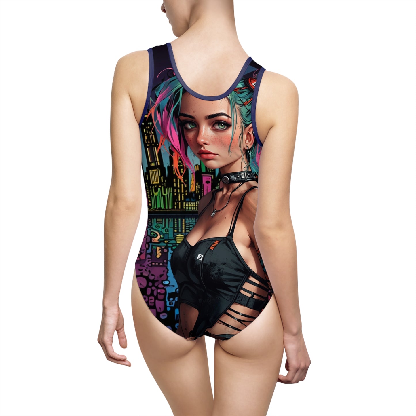 Urban Chic Women's Classic One-Piece Swimsuit -(Cyberpunk Princess) Vibrant Graphic Design