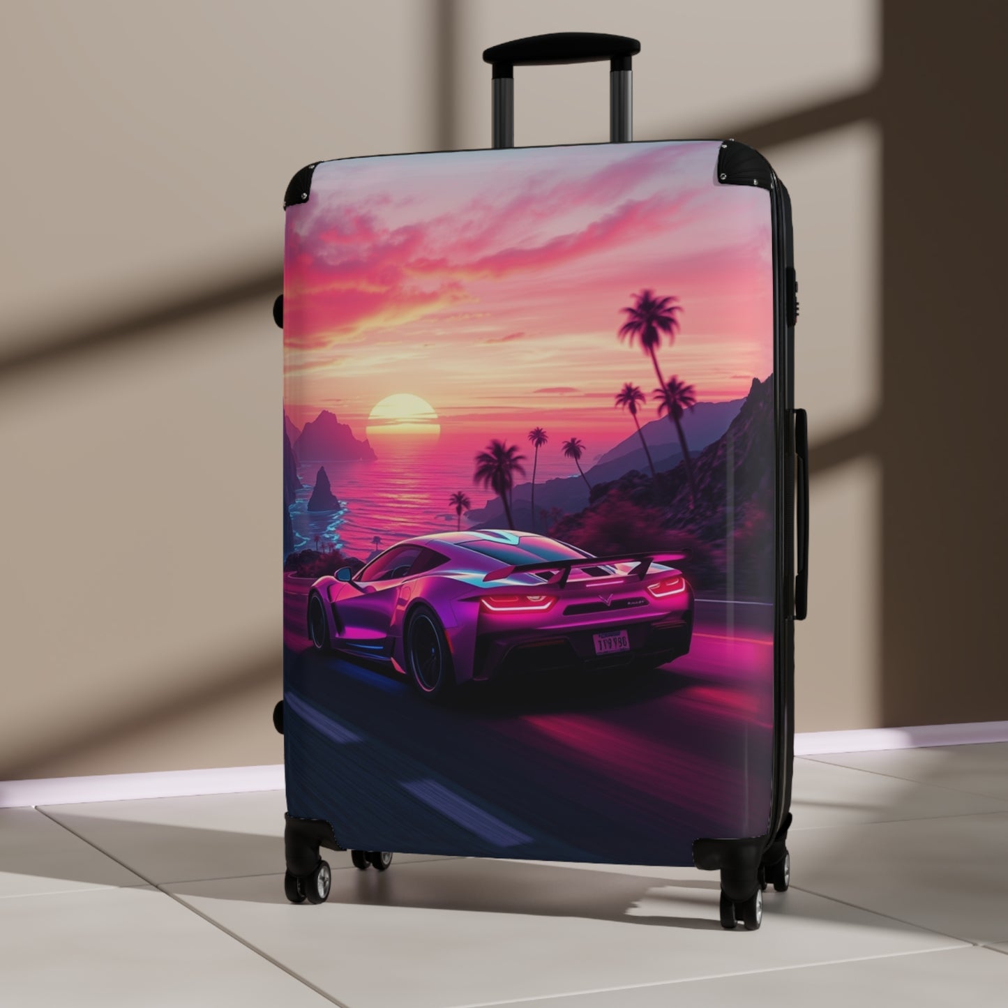 Tropical Sunset Suitcase - Travel Luggage with Vibrant Car Design for Adventure Seekers