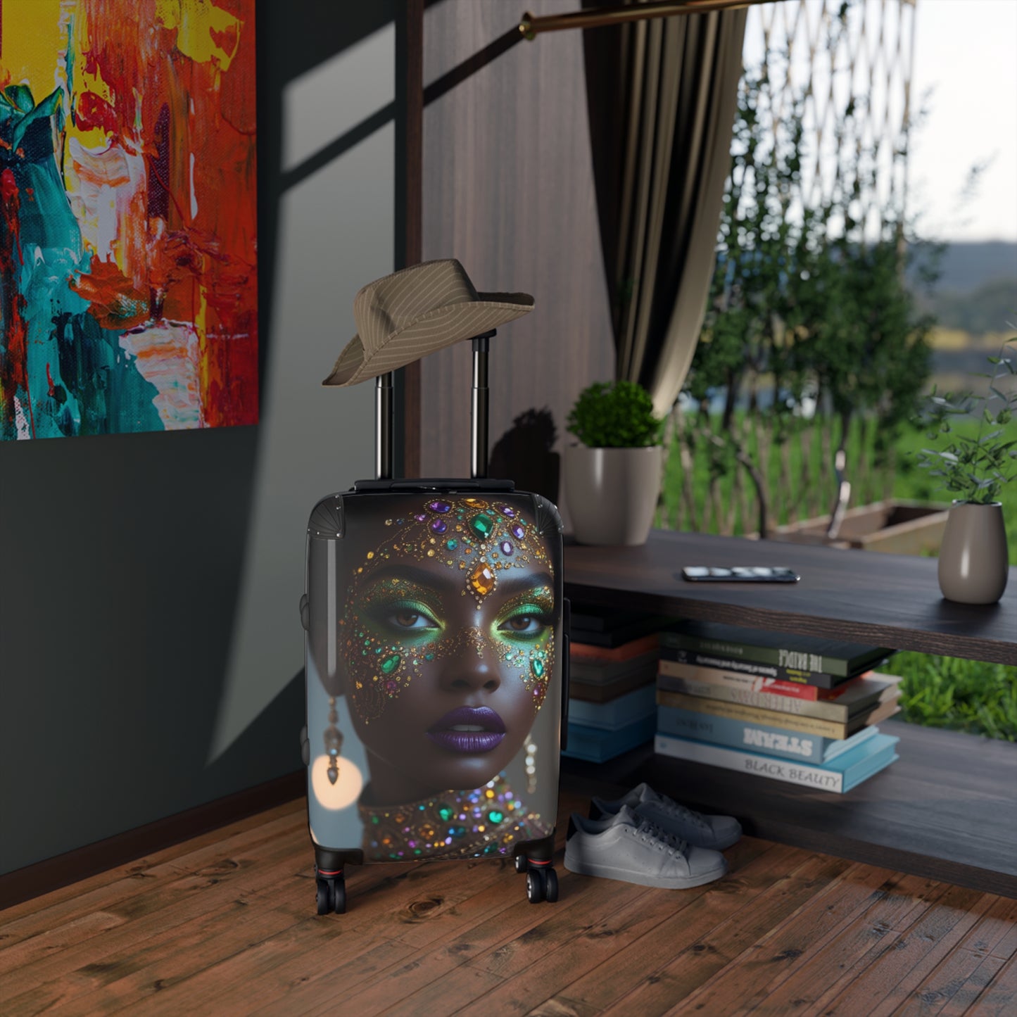 Colorful Glamour Print Suitcase with Elegant Gemstone Design