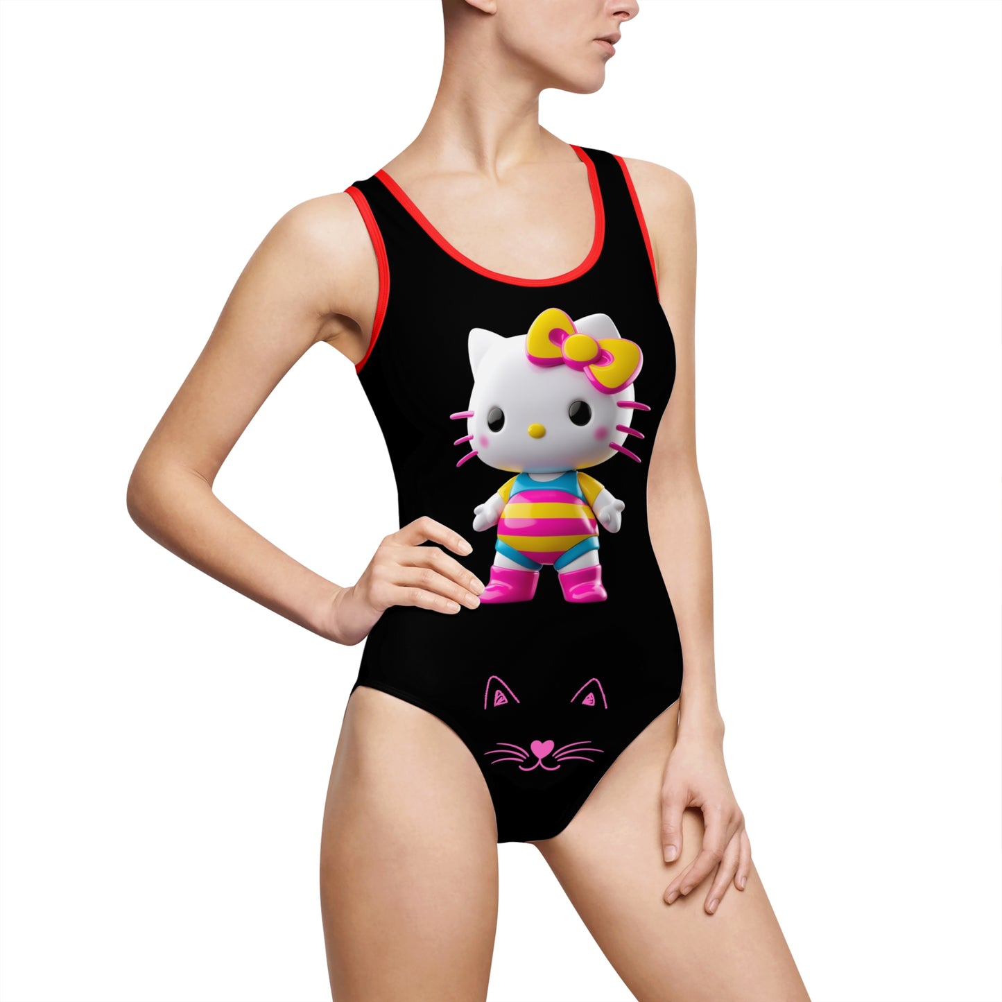 Pink Print Cute Kitty One-Piece Swimsuit for Women – Fun Beachwear