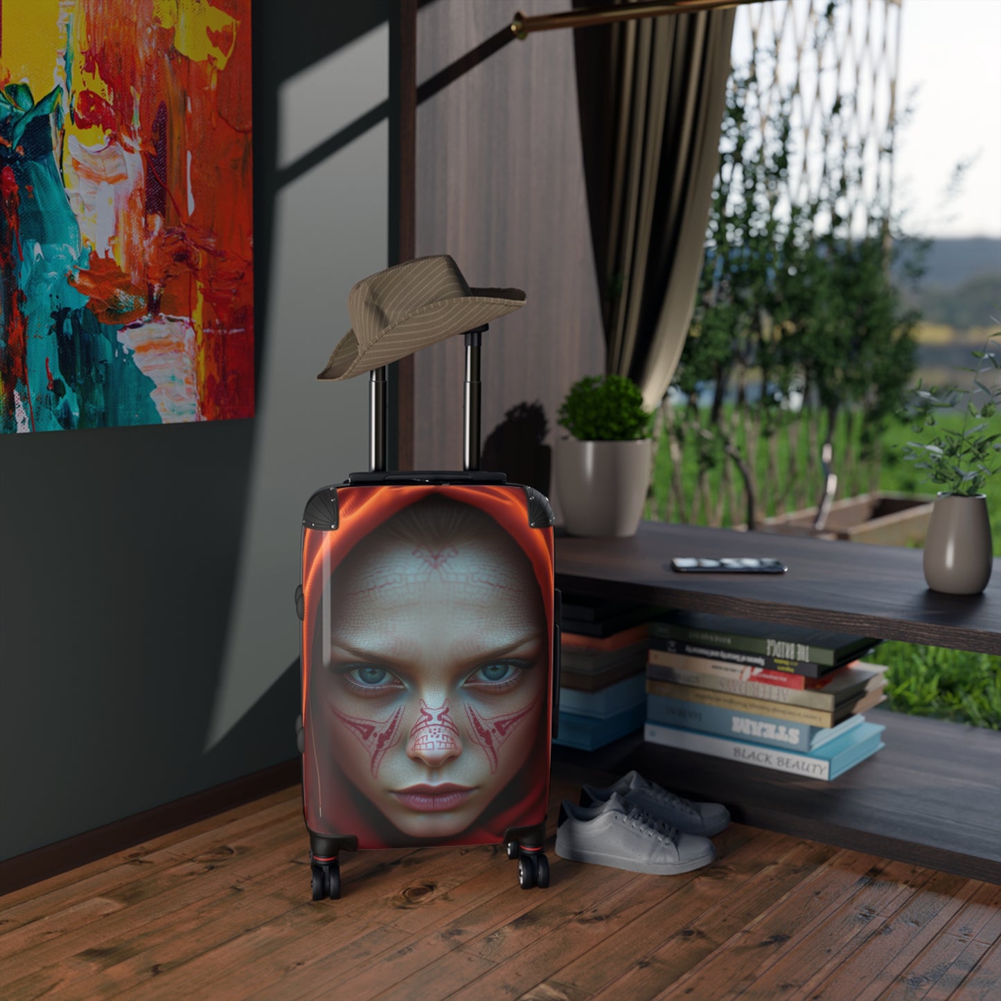 Mystical Face Design Suitcase - Unique Travel Luggage for Adventurers