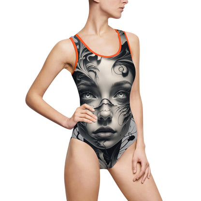 Elegant Black and White Women's Classic One-Piece Swimsuit - Artful Design for Beach Days and Pool Parties