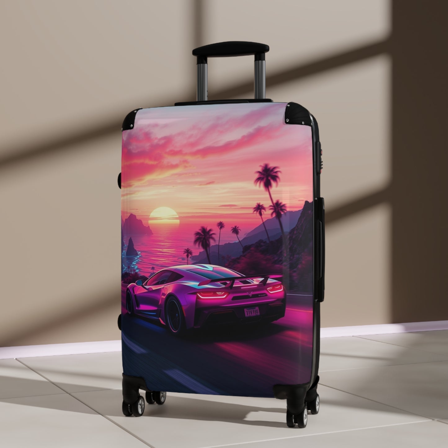Tropical Sunset Suitcase - Travel Luggage with Vibrant Car Design for Adventure Seekers