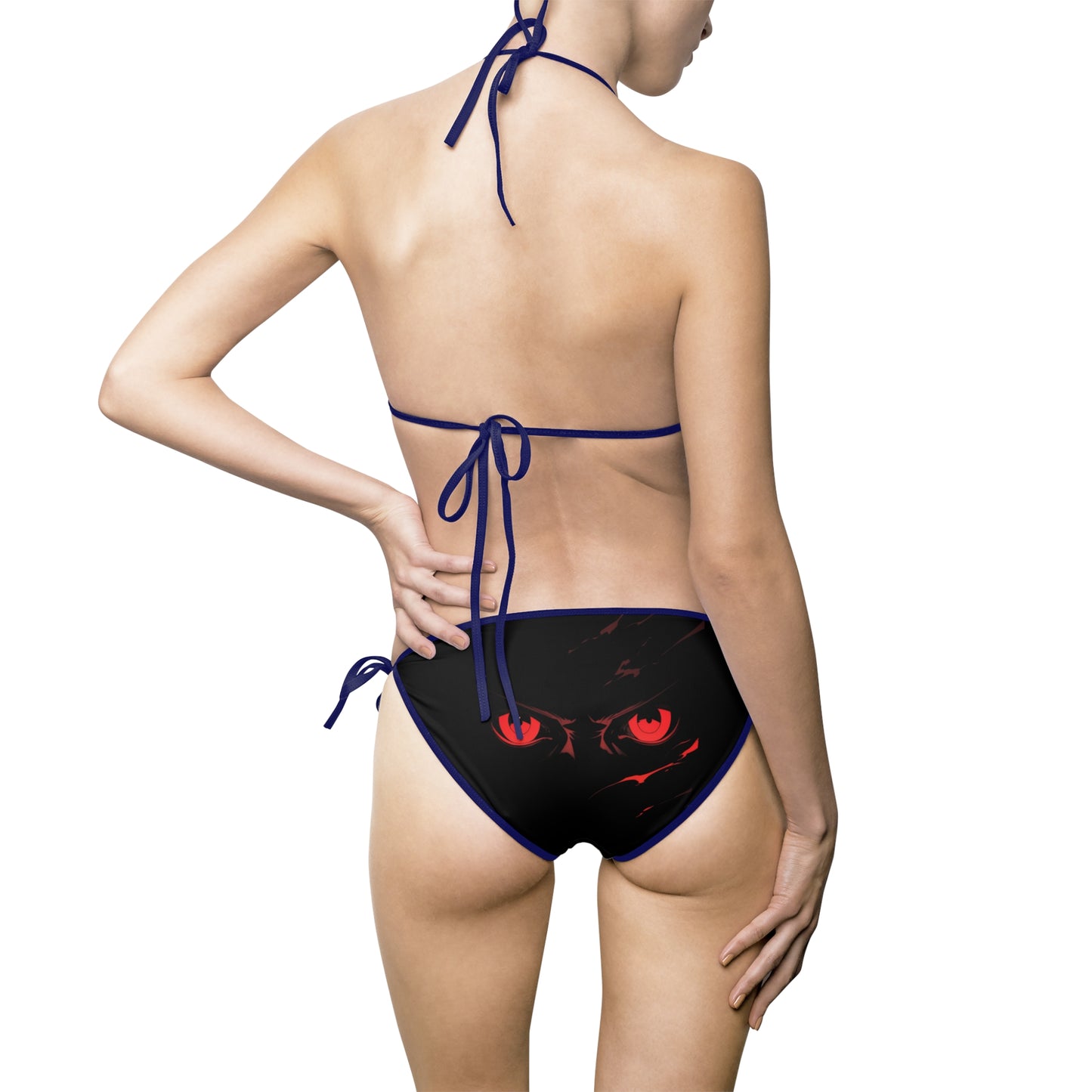 Sleek Black Bikini Swimsuit with Striking Red Eye Design | Trendy Women's Swimwear