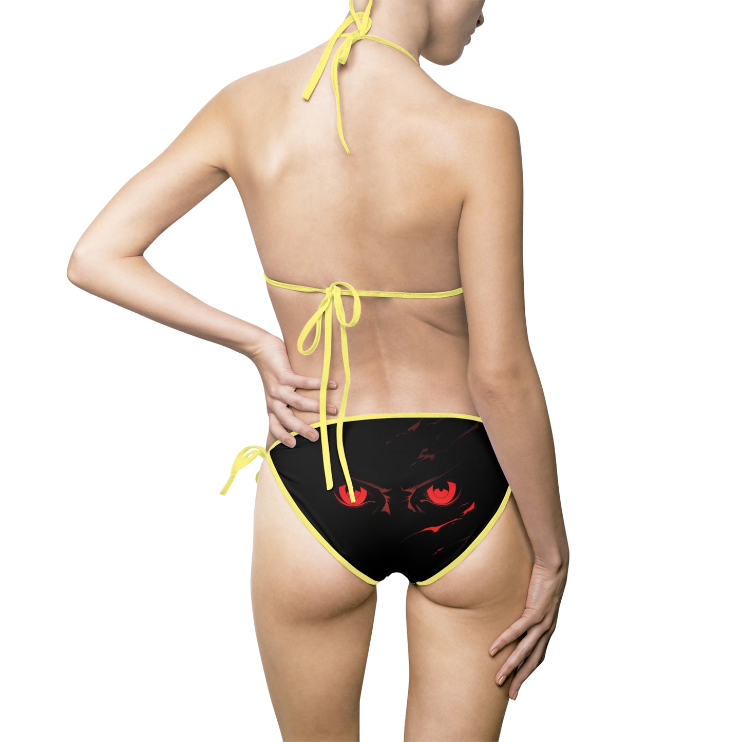 Sleek Black Bikini Swimsuit with Striking Red Eye Design | Trendy Women's Swimwear
