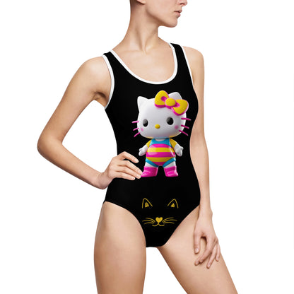 Yellow Print Cute Kitty One-Piece Swimsuit for Women – Fun Beachwear