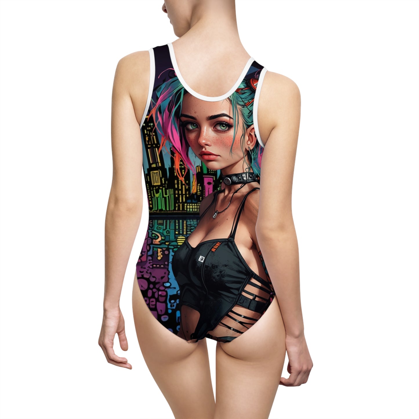 Urban Chic Women's Classic One-Piece Swimsuit -(Cyberpunk Princess) Vibrant Graphic Design