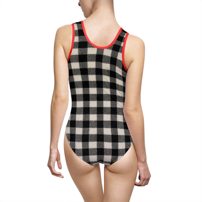 Gingham Print Women's One-Piece Swimsuit - Classic Black and Beige Swimwear for Pool Parties and Beach Days