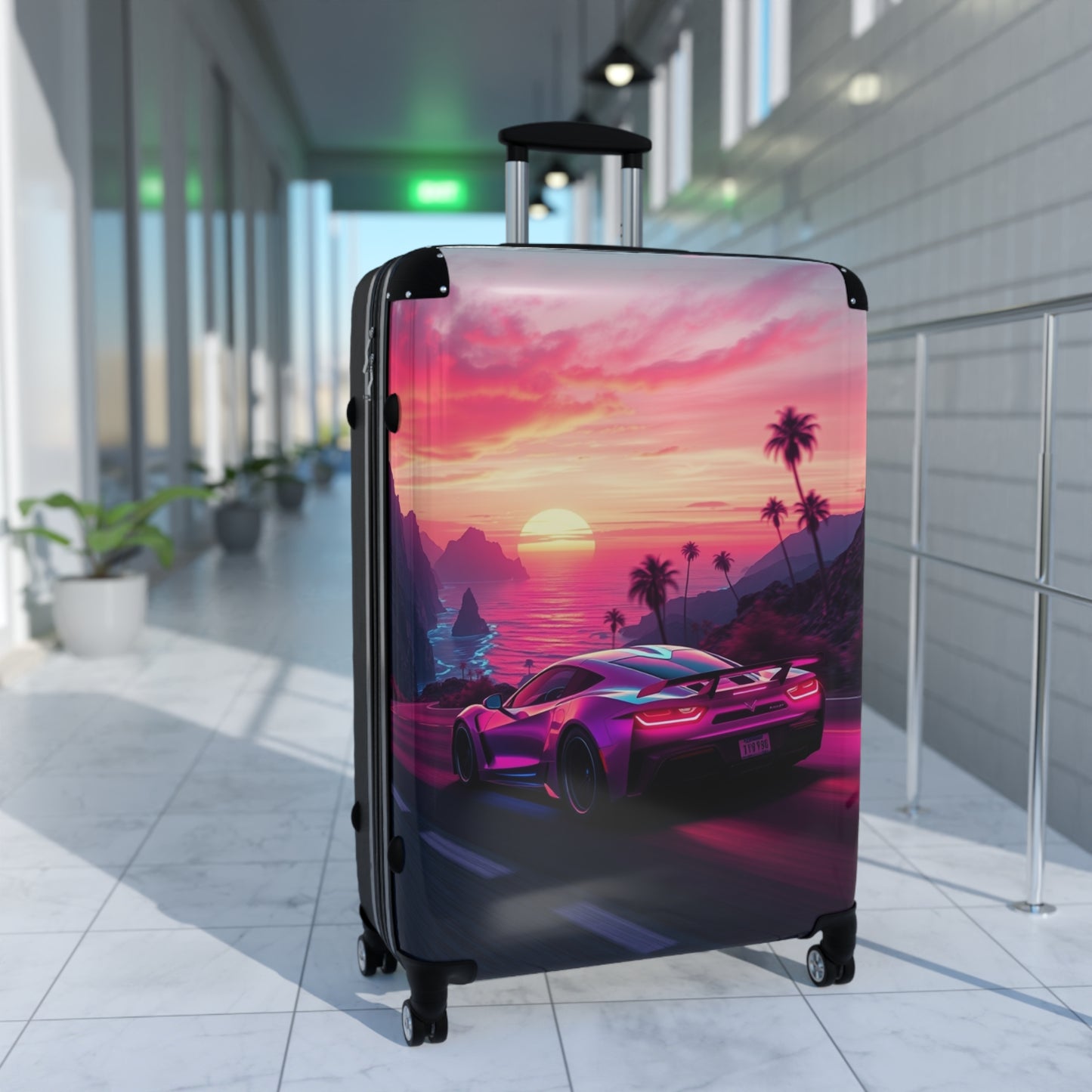 Tropical Sunset Suitcase - Travel Luggage with Vibrant Car Design for Adventure Seekers