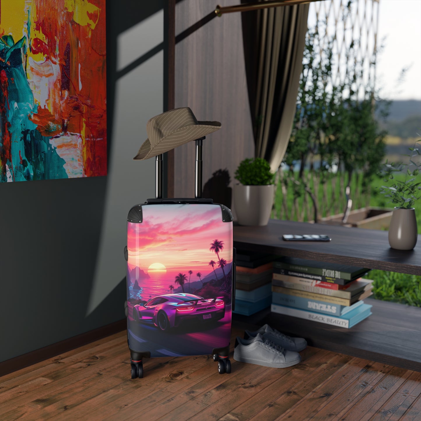 Tropical Sunset Suitcase - Travel Luggage with Vibrant Car Design for Adventure Seekers