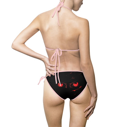 Sleek Black Bikini Swimsuit with Striking Red Eye Design | Trendy Women's Swimwear