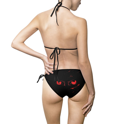 Sleek Black Bikini Swimsuit with Striking Red Eye Design | Trendy Women's Swimwear