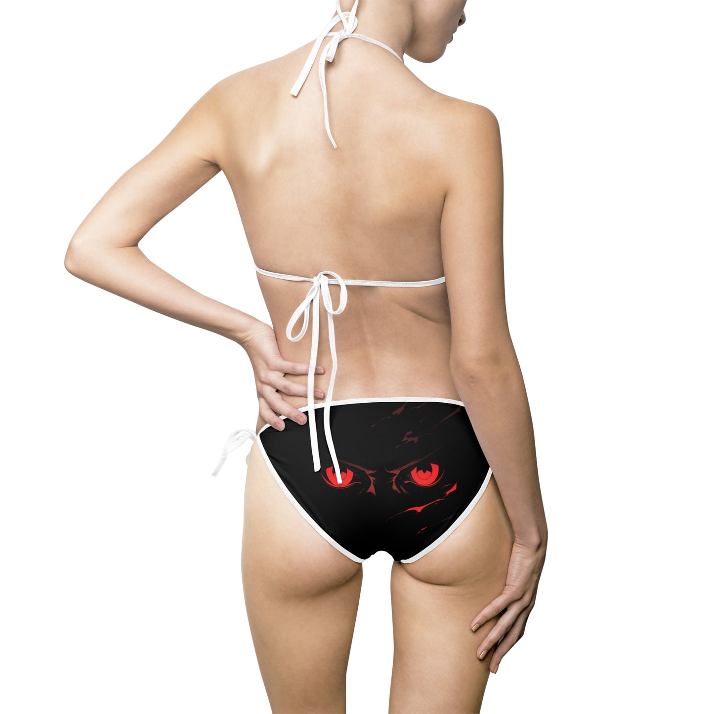 Sleek Black Bikini Swimsuit with Striking Red Eye Design | Trendy Women's Swimwear