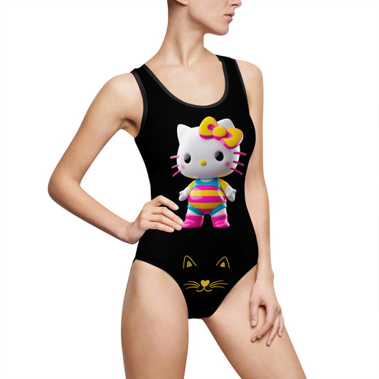Yellow Print Cute Kitty One-Piece Swimsuit for Women – Fun Beachwear