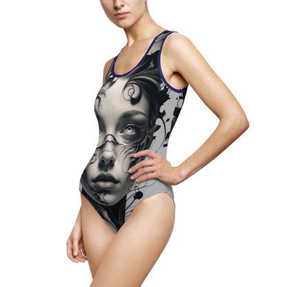 Elegant Black and White Women's Classic One-Piece Swimsuit - Artful Design for Beach Days and Pool Parties