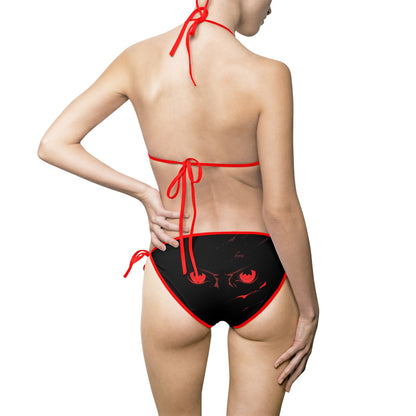 Sleek Black Bikini Swimsuit with Striking Red Eye Design | Trendy Women's Swimwear