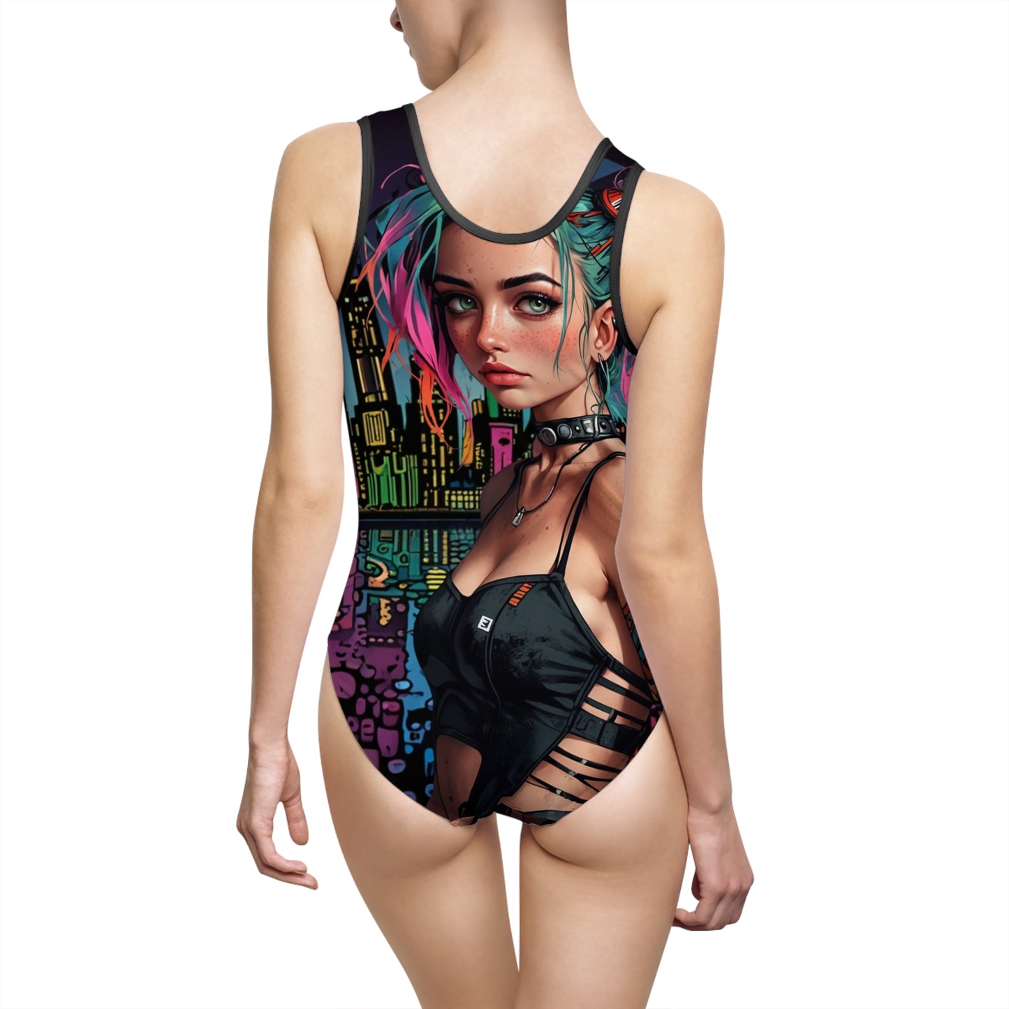 Urban Chic Women's Classic One-Piece Swimsuit -(Cyberpunk Princess) Vibrant Graphic Design