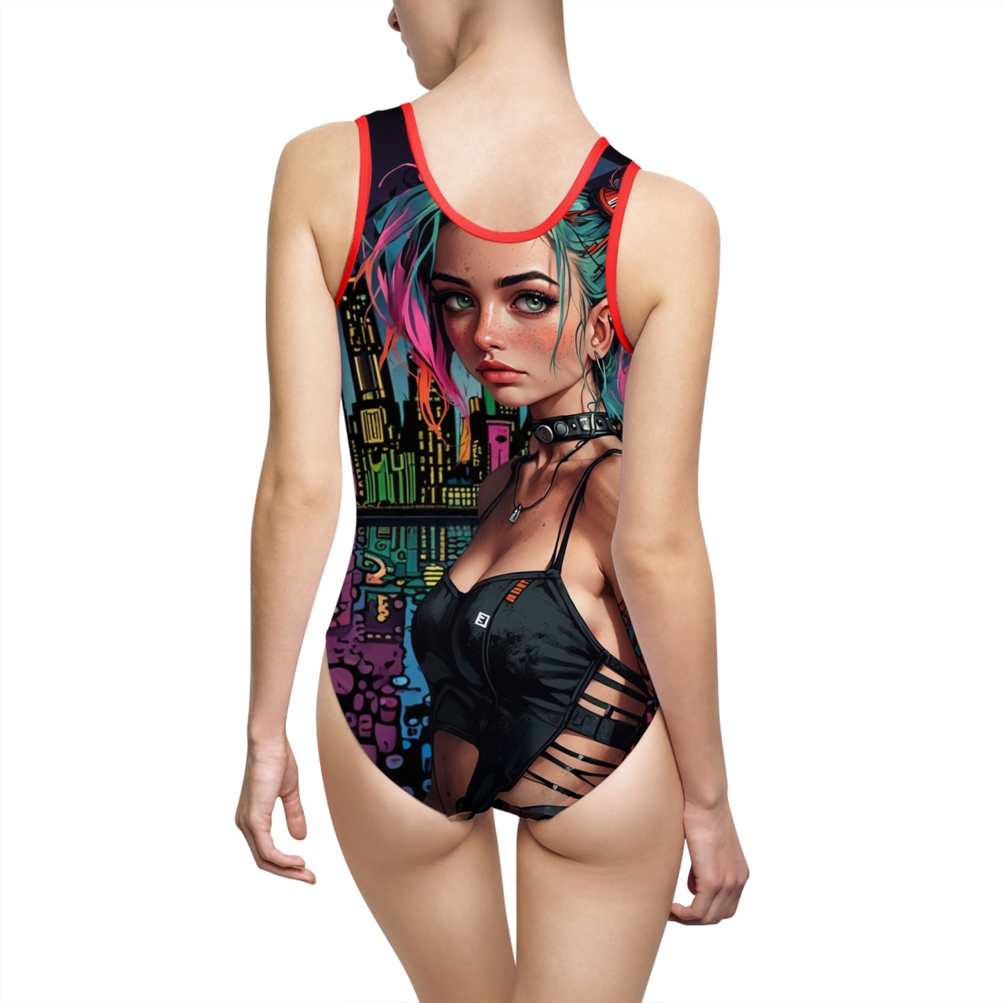 Urban Chic Women's Classic One-Piece Swimsuit -(Cyberpunk Princess) Vibrant Graphic Design
