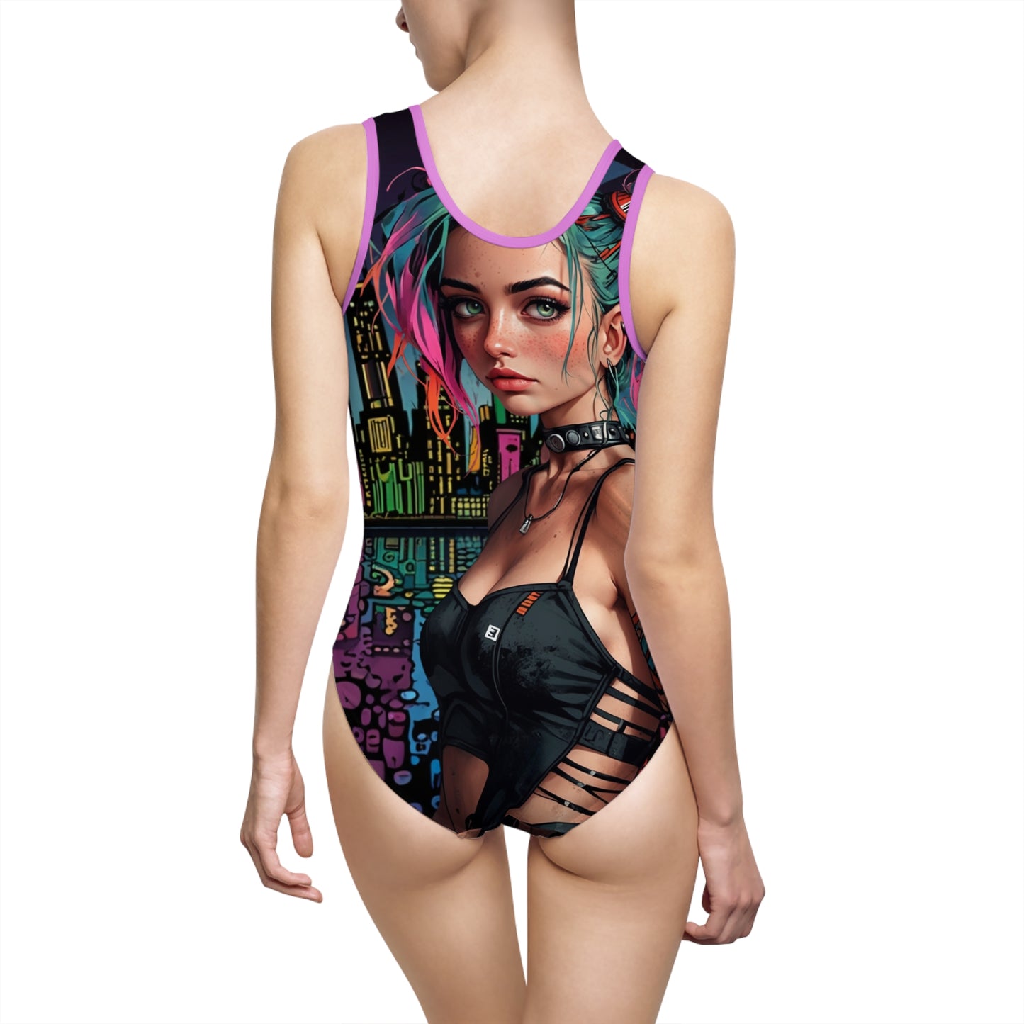 Urban Chic Women's Classic One-Piece Swimsuit -(Cyberpunk Princess) Vibrant Graphic Design