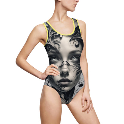 Elegant Black and White Women's Classic One-Piece Swimsuit - Artful Design for Beach Days and Pool Parties