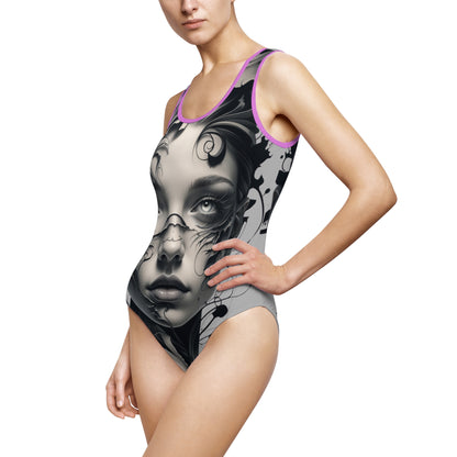 Elegant Black and White Women's Classic One-Piece Swimsuit - Artful Design for Beach Days and Pool Parties