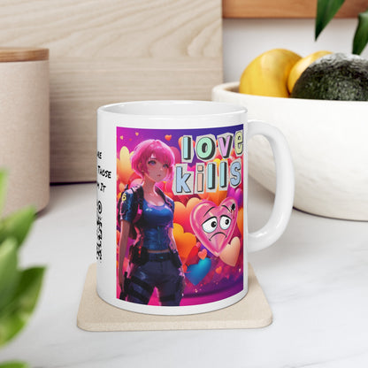 Love Kills | Cute | Anime | Hearts | Coffee | Tea | Hot Chocolate | 11oz | White Mug