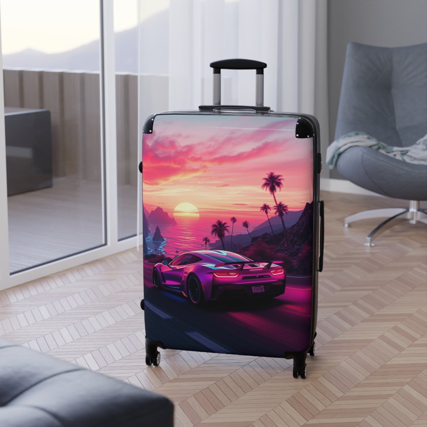 Tropical Sunset Suitcase - Travel Luggage with Vibrant Car Design for Adventure Seekers