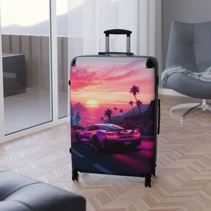 Tropical Sunset Suitcase - Travel Luggage with Vibrant Car Design for Adventure Seekers