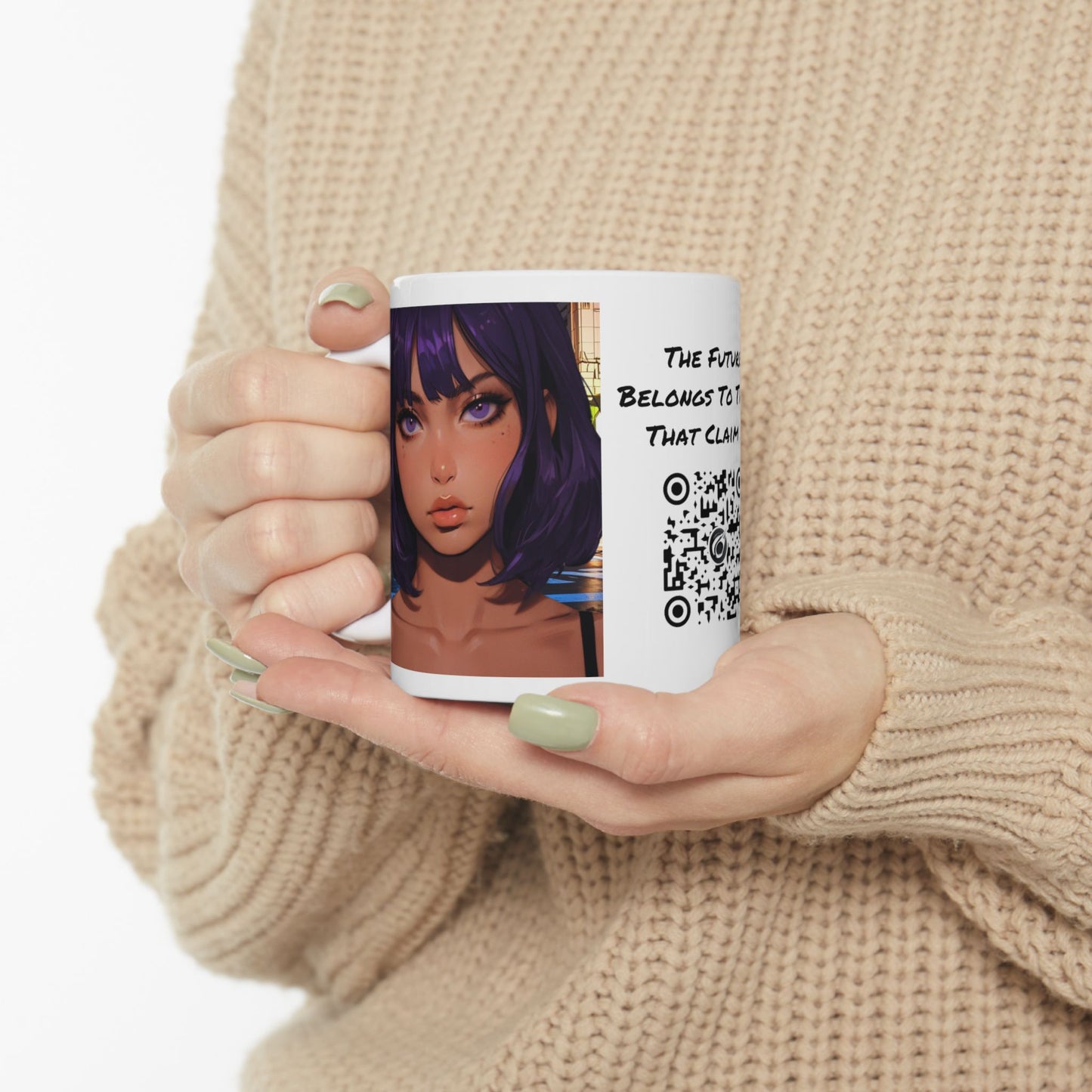 Extreme Close-Up | HD Graphic | Anime Style | Selfie | Purple Hair | Coffee | Tea | Hot Chocolate | 11oz | White Mug