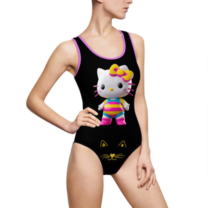 Yellow Print Cute Kitty One-Piece Swimsuit for Women – Fun Beachwear