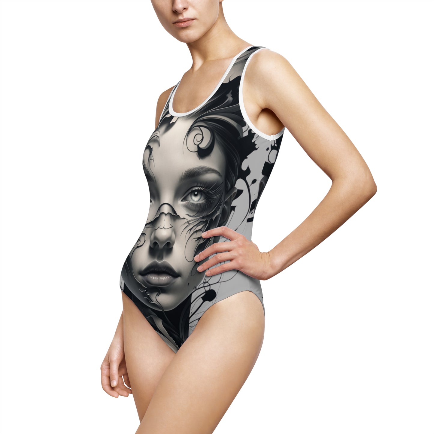 Elegant Black and White Women's Classic One-Piece Swimsuit - Artful Design for Beach Days and Pool Parties