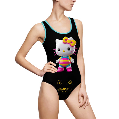 Yellow Print Cute Kitty One-Piece Swimsuit for Women – Fun Beachwear